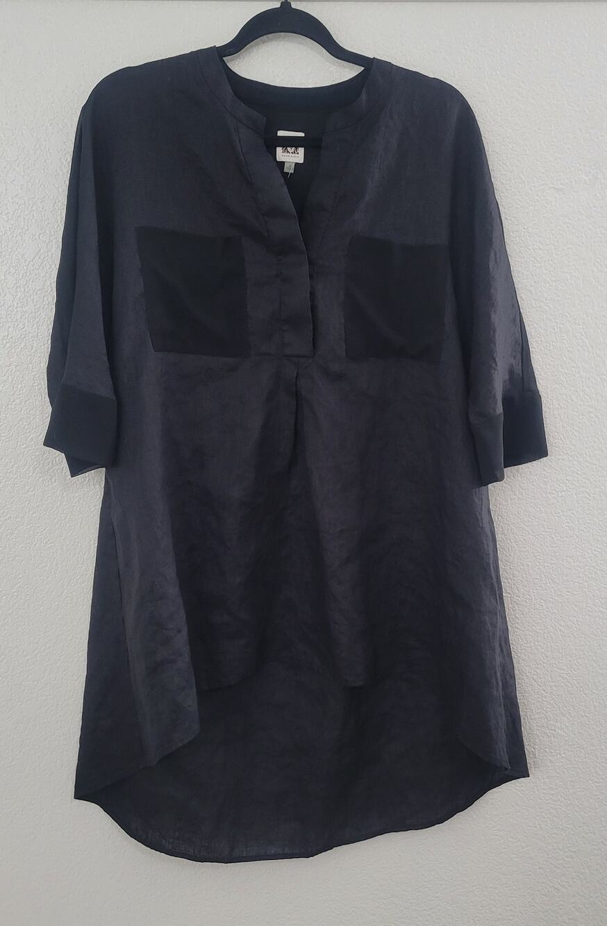 Anne Klein Black Tunic Blouse Women's Medium High Low Hem 3/4 Sleeve Split Neck